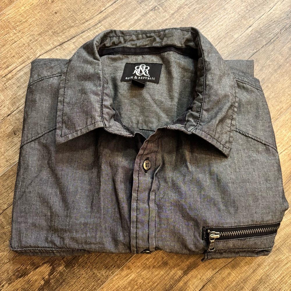 Rock & Republic Mens XL Dark Gray Casual Button Down Shirt Pocket Zipper Sleeves